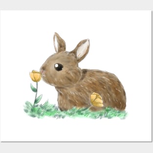 Rabbit and Yellow Flowers Posters and Art